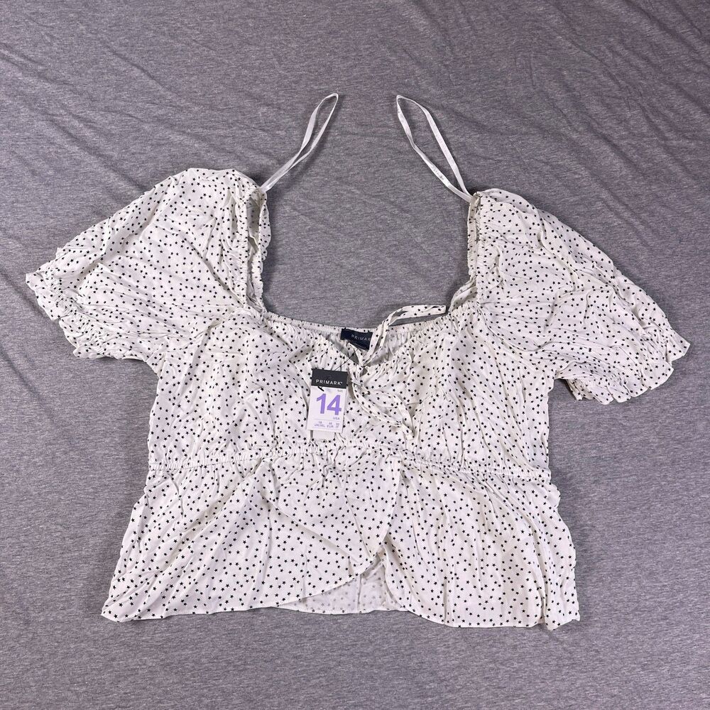Primark Starred White Puff Sleeves Sweetheart Neckline Baby Doll Crop Top Sz 14